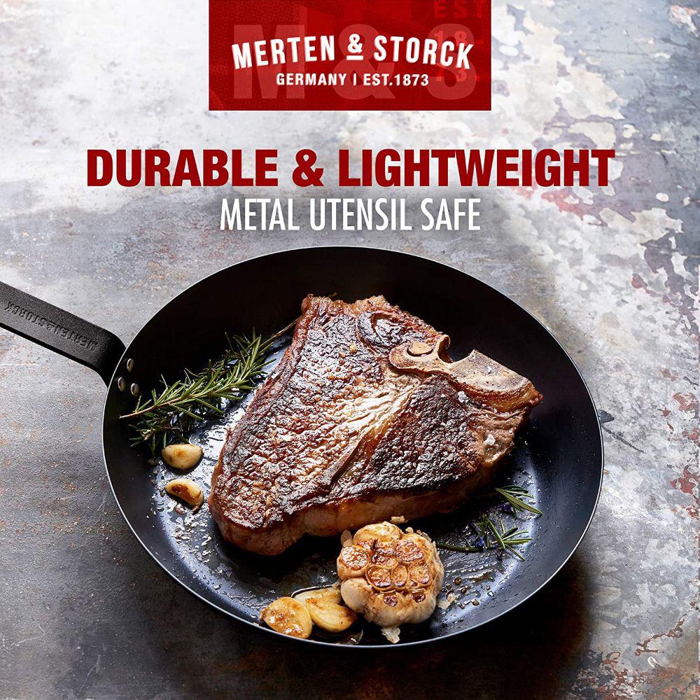  Merten & Storck Sartén de acero al carbono pre-sazonado de 12  pulgadas, hierro fundido, ligero, duradero, para asar a la parrilla,  cocinar en interiores y exteriores, fácil de limpiar, apto para 