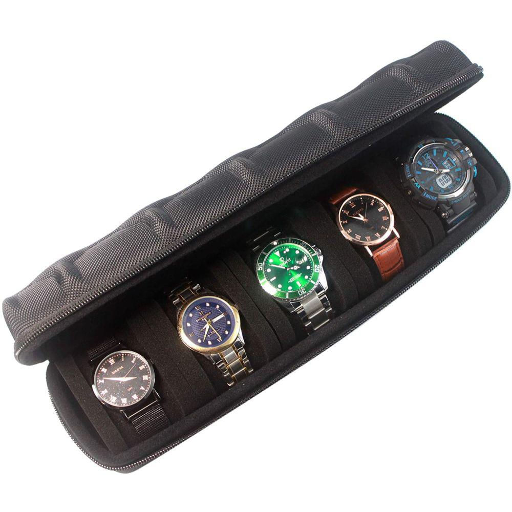 Caja de viaje para reloj con 5 ranuras para hombre, funda rígida de  transporte para reloj de pulsera con almohada suave, estuche de  organización de