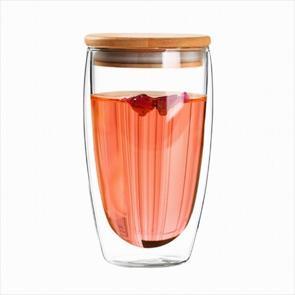 Vaso De Vidrio De Doble Pared Con Tapa De Bambú 350 Ml Ref. V0002 Enca img #1