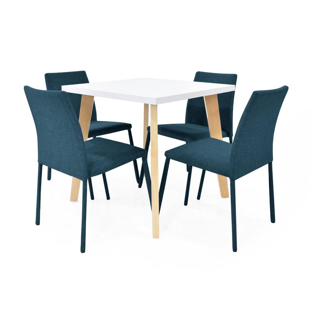 Comedor Lyon Blanco 4P Sillas Lugo Tela Azul