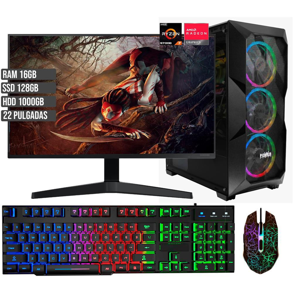 Computador Pc Torre Gamer Power L38 Amd Ryzen 7 5700G Ssd 128 + Hdd 1Tb Ram 16Gb Led 22 Pulgadas