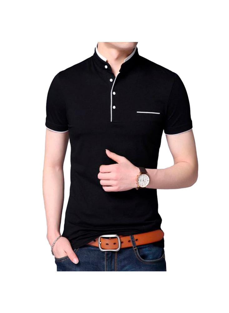 Camisa Buzo Polo Manga Corta Negro Cuello Neru Coreano Ribete