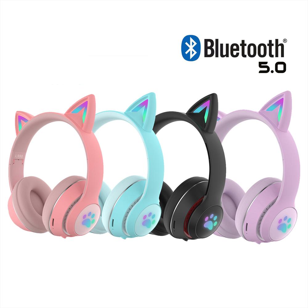 Audifonos Para Niña Con Orejas De Gato Iluminadas Bluetooth Morada