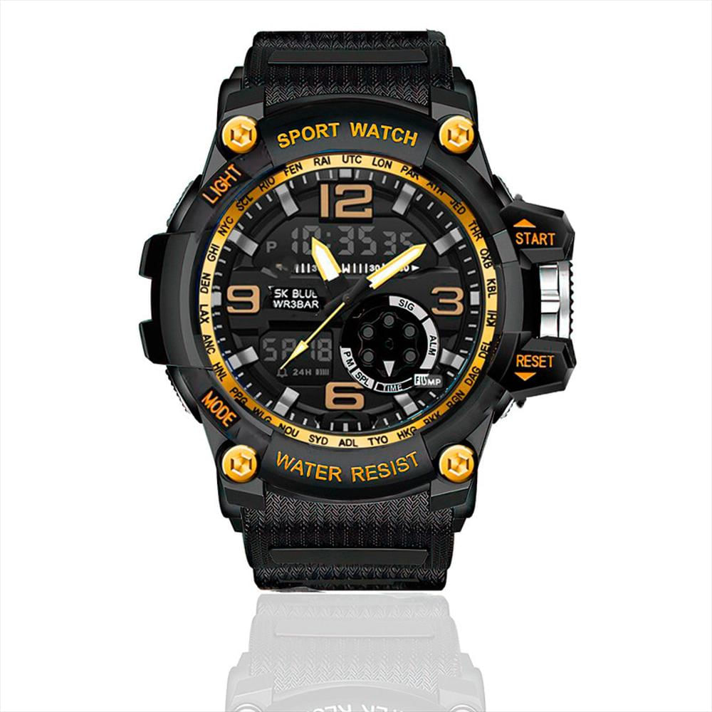 Reloj Caballero Shock Impermeable Digital Led Doble Hora Borde Amarillo + Estuche
