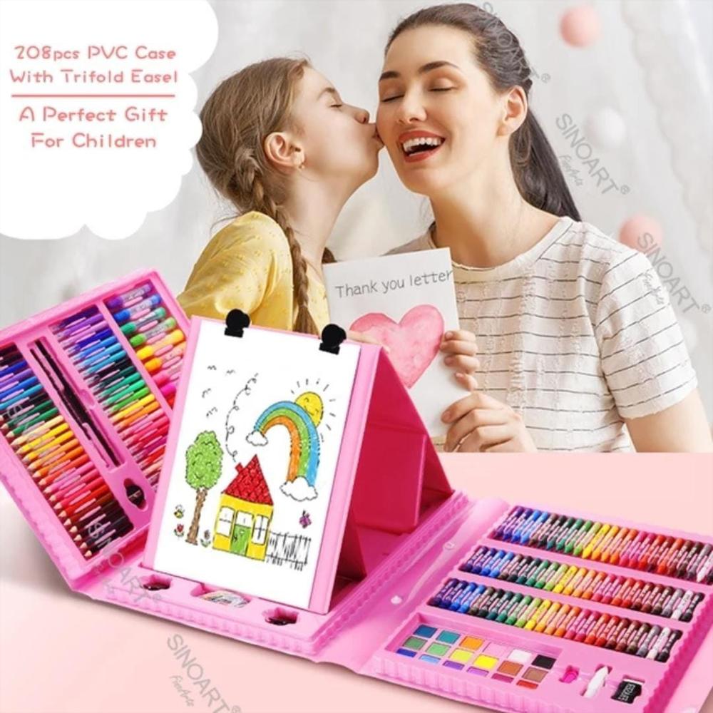 Kit De Arte Para Niños 208 Piezas Maleta Con Caballete Crayón Acuarela  Plumón Pinturas