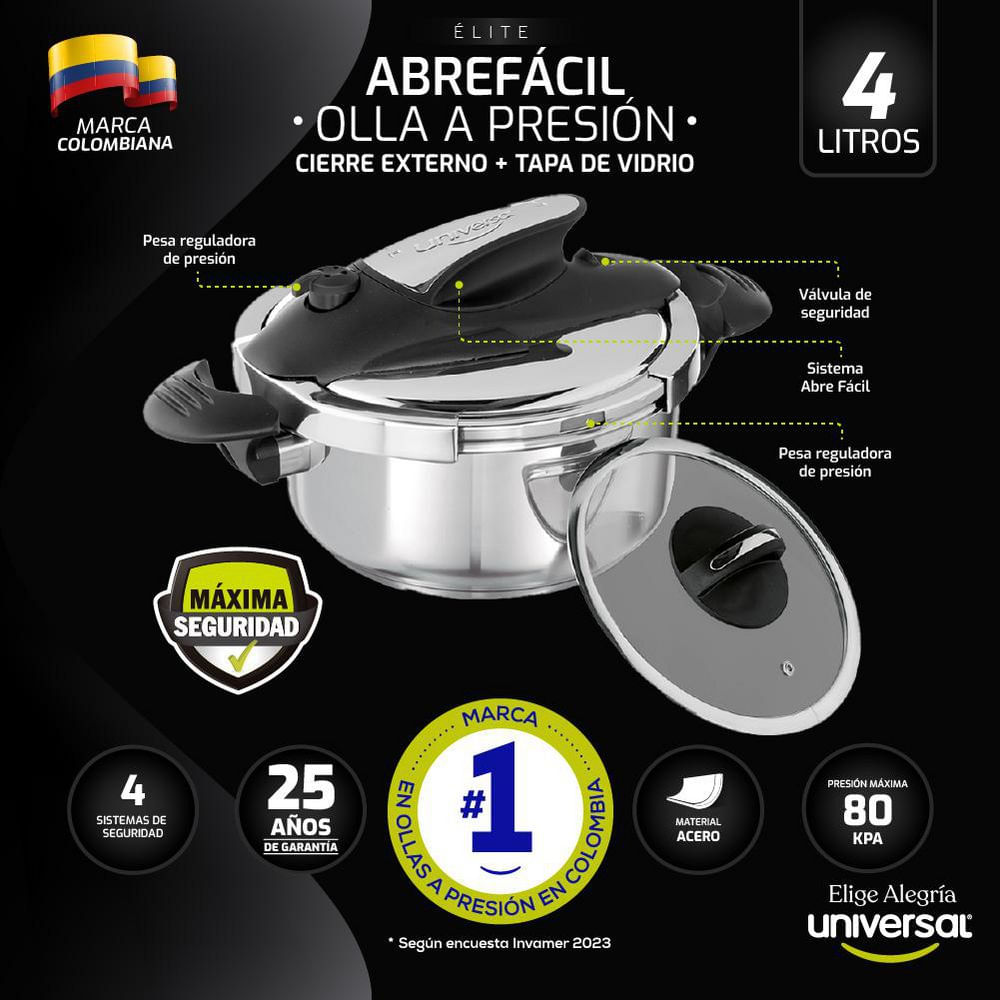 Olla presión abre fácil 6l cierre externo + Tapa vidrio Universal - Tiendas  Jumbo