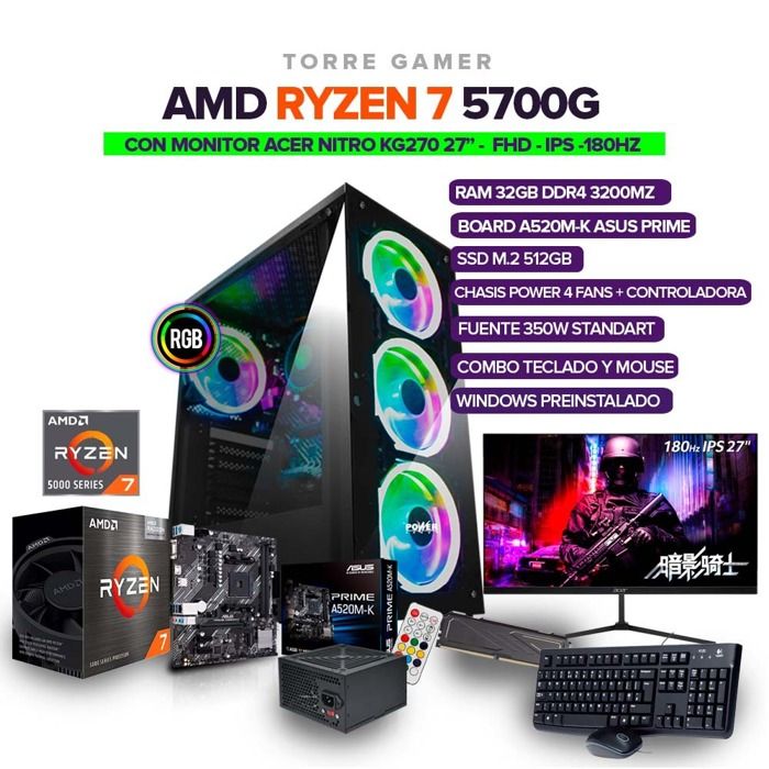 PC Gamer Ryzen 7 5700G/32GB /512GB M.2/Board A520/ MONITOR ACER KG270 27 pulgadas 180hz