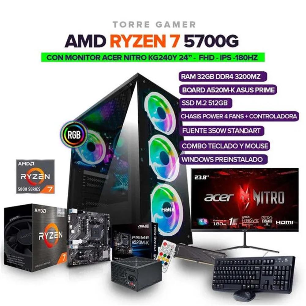 Pc Gamer Ryzen 7 5700G/ Ram 32Gb/ M.2 512Gb + Monitor Acer Nitro 24 Pulgadas Ips 180Hz