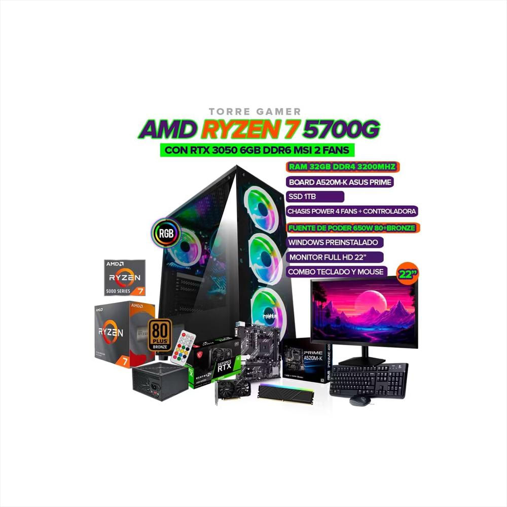 Pc Gamer Amd Ryzen 7 5700G/ Rtx 3050 6Gb/ 32Gb Ram/ Ssd 1 Tb/ Monitor 22 pulgadas Fhd 100Hz/ Fuente 650W 80+ Bronce