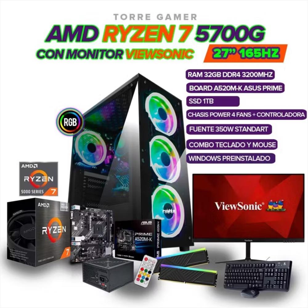 Pc Gamer Ryzen 7 5700G/ Monitor Viewsonic 27 pulgadas Fhd 1M 165Hz/ Ram 32Gb/ Ssd 1Tb