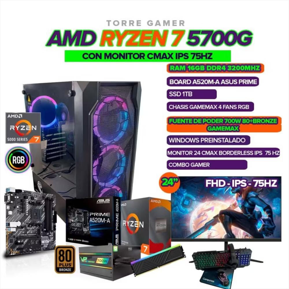 Pc Gamer Ryzen 7 5700G/ Monitor Cmax 24 pulgadas Fhd/ Ram 16Gb/ Ssd 1Tb/ Combo Gamer