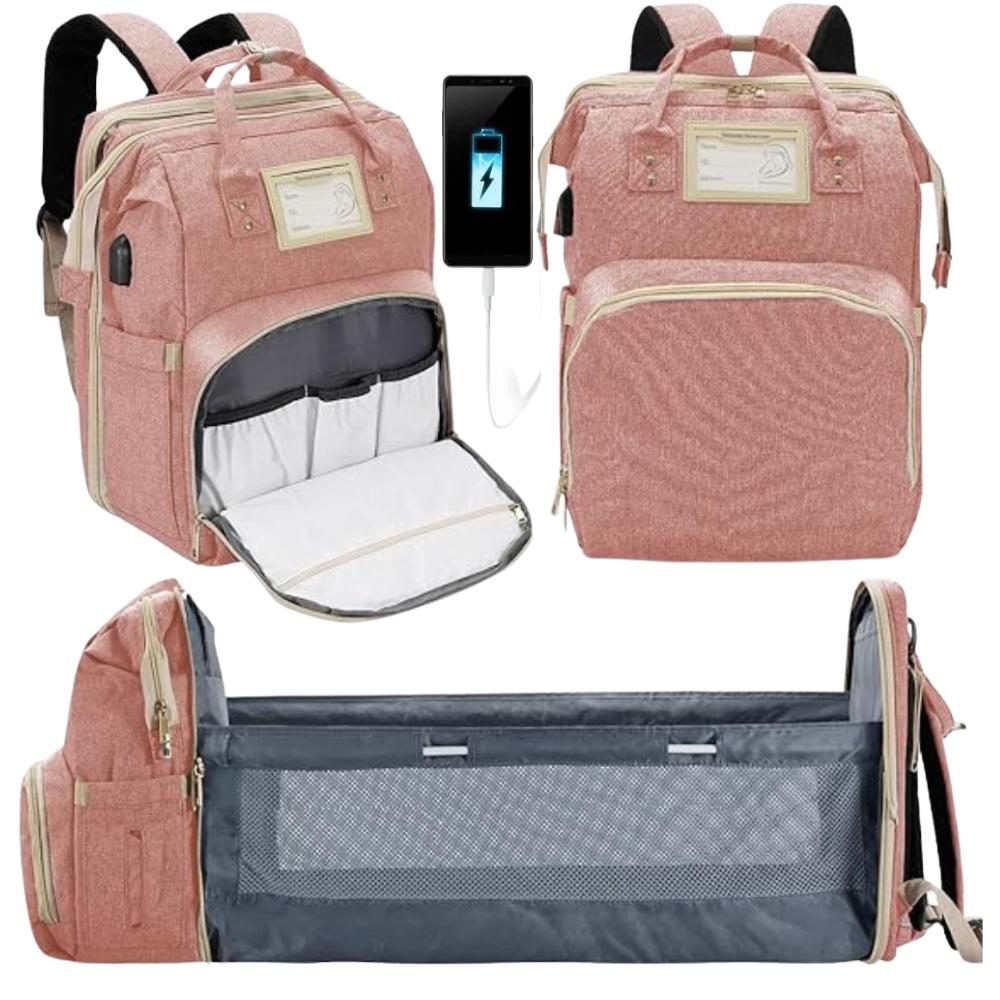 Pañalera Morral Multifuncional Con Cambiador 3 En 1 Con Puerto Usb Rosa