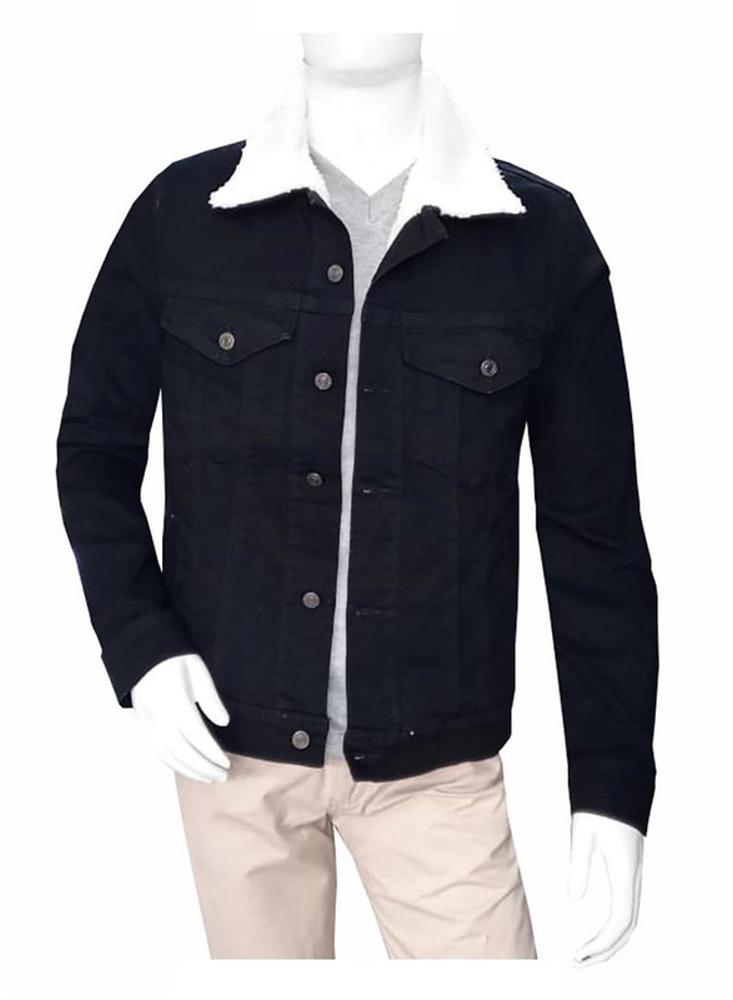 Chaqueta De Jean Para Hombre Negra Forrada En Ovejero Blanco img #2