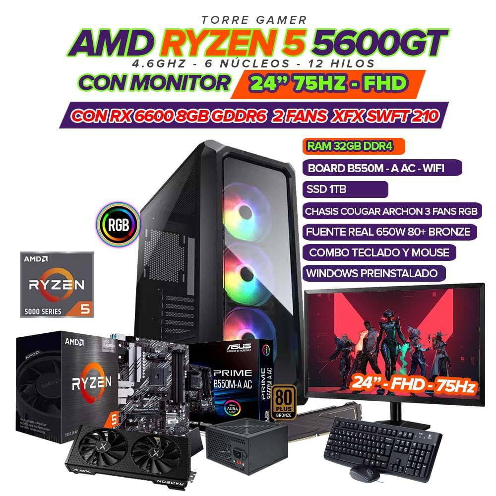 Torre Gamer/Amd Ryzen 5 5600Gt/Targeta Grafica Rx 6600 8 Gb/Monitor 24'' Fhd/Gddr6/2Fans/Ram 32 Gb/Ssd 1Tb img #1