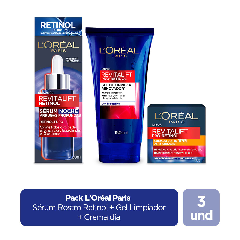 Kit rutina Loreal Paris Retinol Gel limpiador+ Serum noche + crema facial día img #1