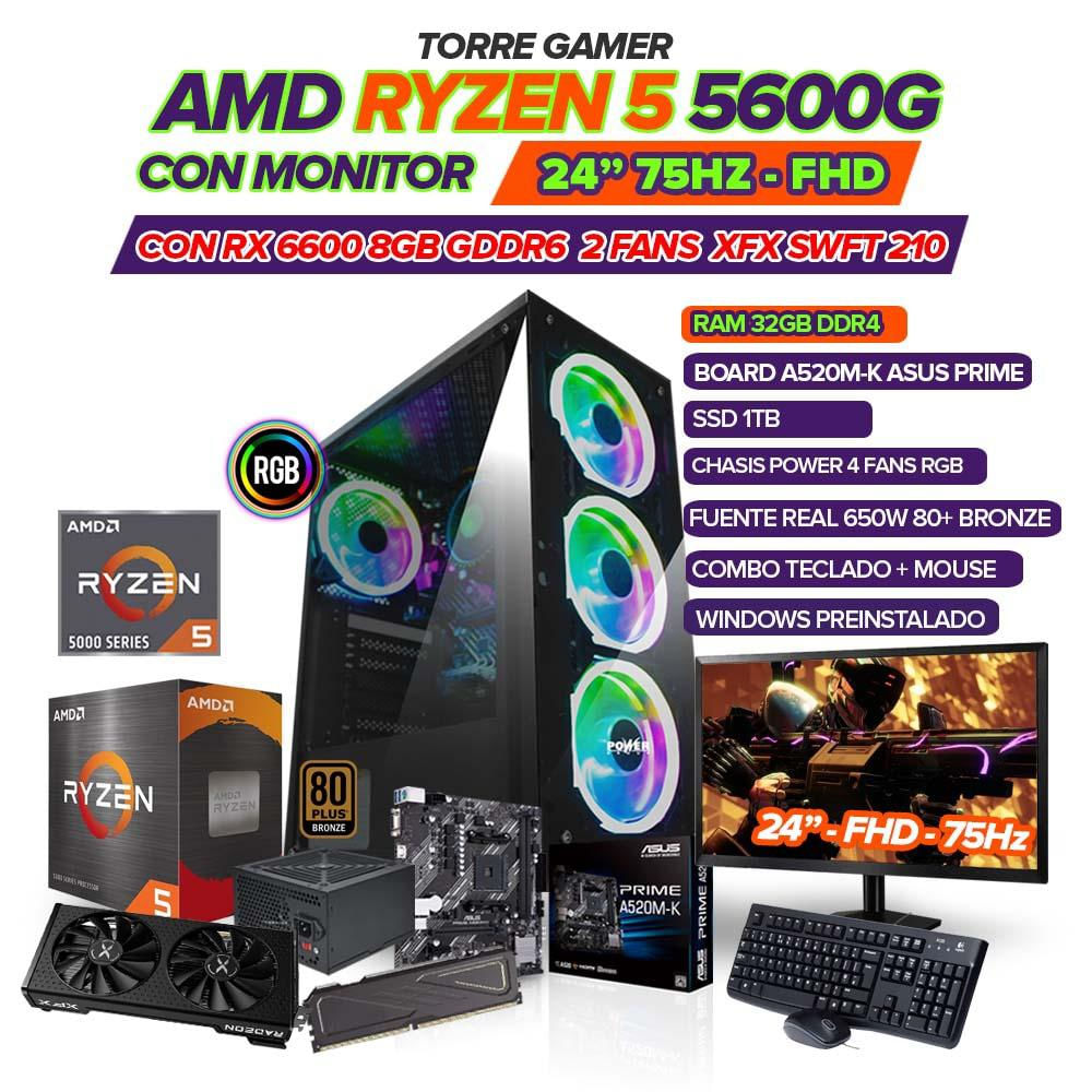 Pc Gamer Amd Ryzen 5 5600G/Rx 6600 8Gb/Monitor 24'' Fhd 75Hz/Ram 32Gb Ddr4/ Ssd 1Tb/ Board A520m K