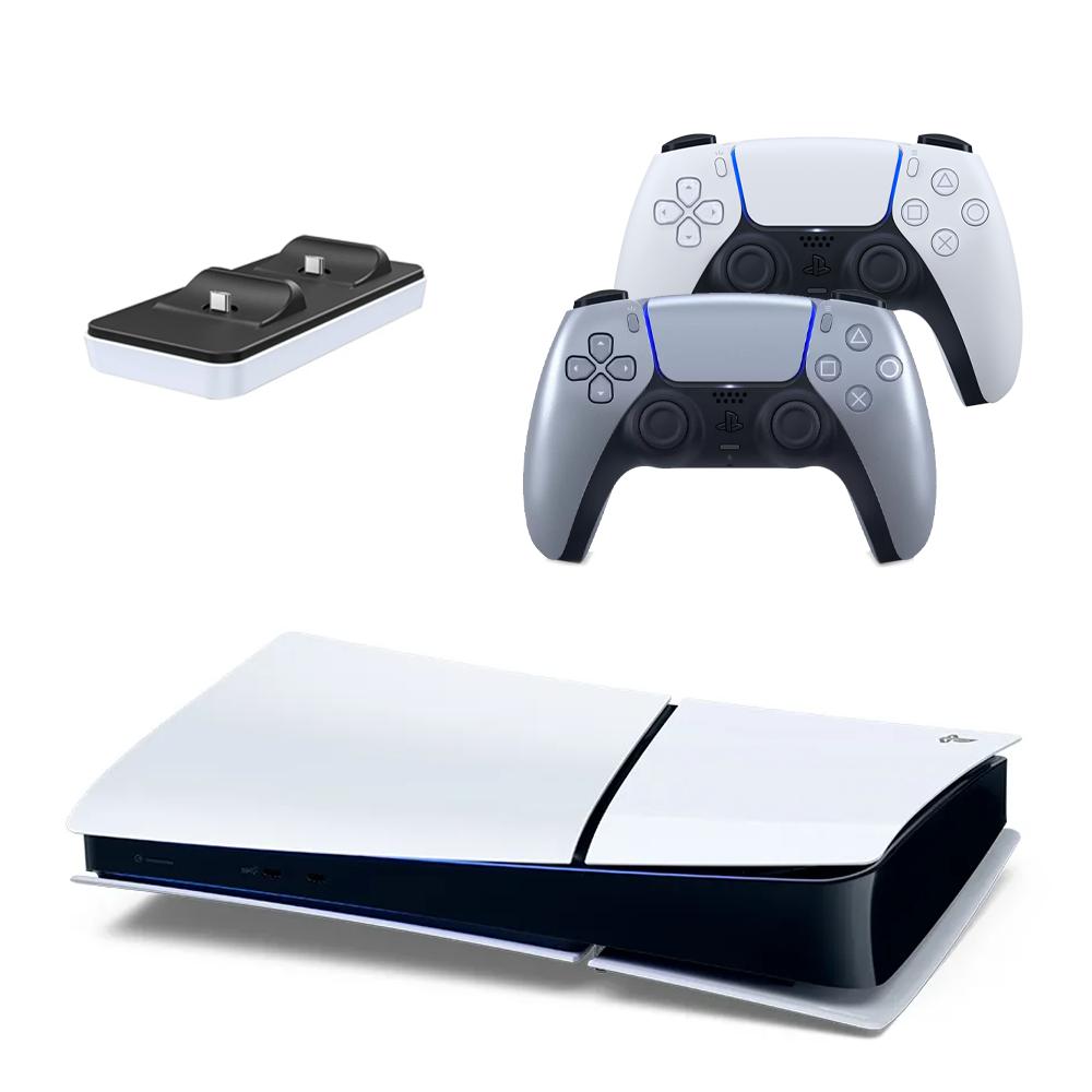 Consola Ps5 Slim Digital + 2 Controles (Blanco Y Gris Plateado) + Cargador Dobe