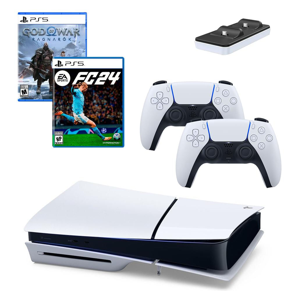 Consola Ps5 Slim 1 Tb Disco + Fc 24+ God Of War+ 2 Controles + Cargador Dobe