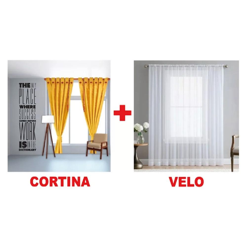 Combo Cortinas Modernas + Velo Suizo 280Cm Ancho X210cm Alto Amarillo Quemdo Mostaza