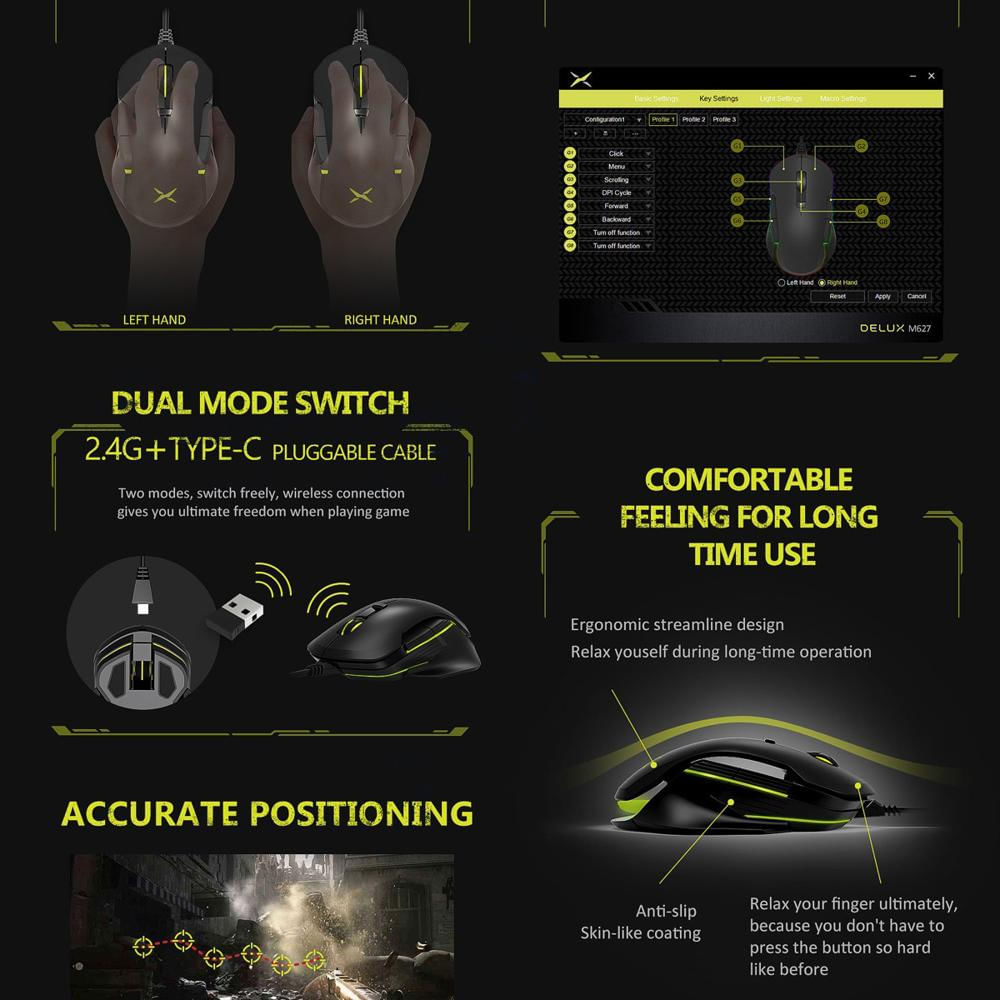 Mouse Gamer Inalámbrico Recargable Delux M627 Rgb / 16000Dpi img #5