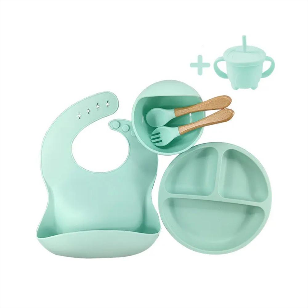 Set 7 Piezas Vajilla Alimentacion Silicona Para Bebe Verde