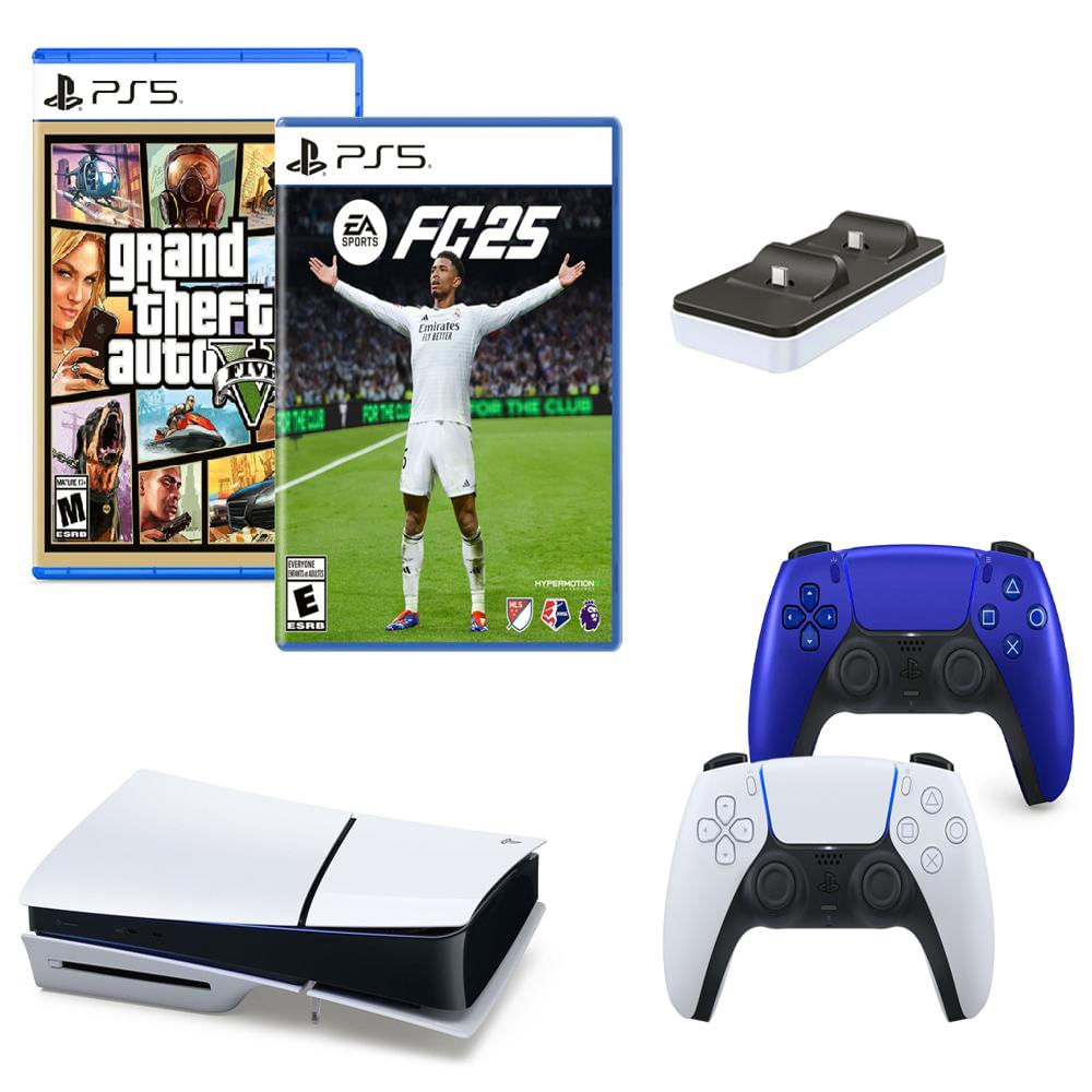 Consola Ps5 Slim 1 Tb + 2 Mandos Blanco Y Azul Metalizado + Fc 25 + Gta V + Cargador Dobe