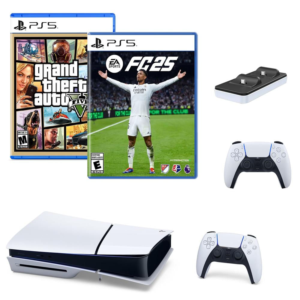 Consola Ps5 Slim 1 Tb + 2 Mandos+ Fc 25 + Gta V + Cargador Dobe
