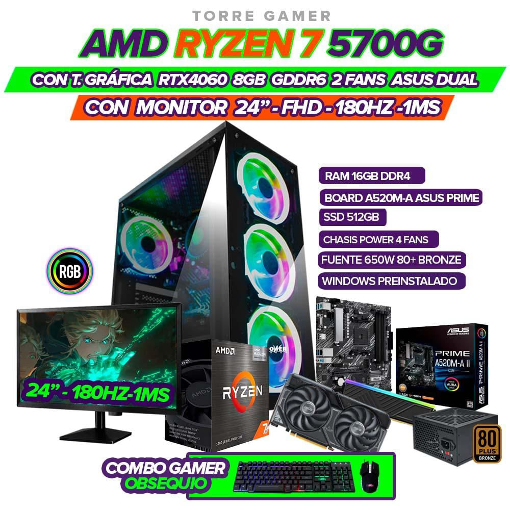 Pc Gamer Amd Ryzen 7 5700G Rtx 4060 8Gb Ram 16Gb Ddr4 Ssd 512Gb 24'' Fhd 180Hz 1Ms