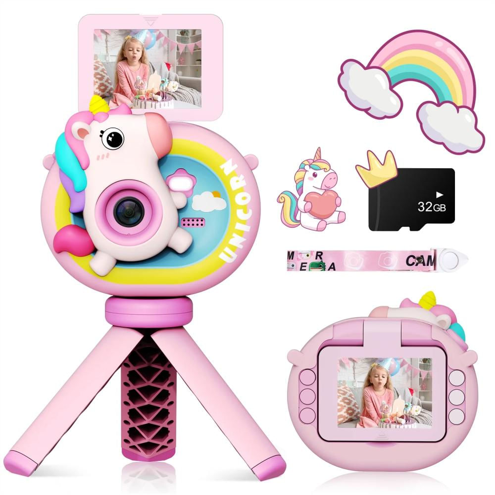 Camara Digital Lente Abatible Selfie Para Niños Con Tripode + Micro Sd 32Gb (Unicornio Rosa) img #1