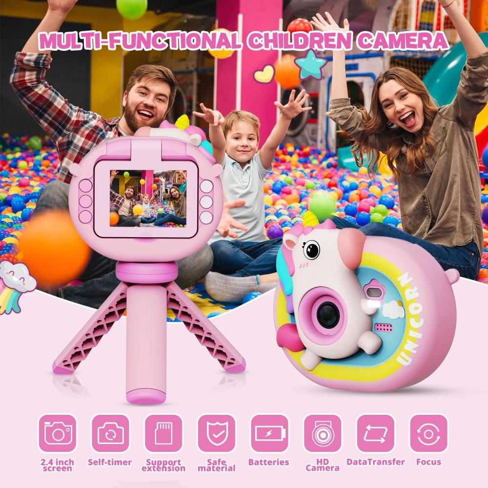 Camara Digital Lente Abatible Selfie Para Niños Con Tripode + Micro Sd 32Gb (Unicornio Rosa) img #3