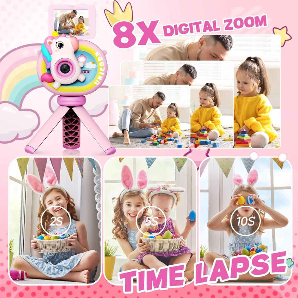 Camara Digital Lente Abatible Selfie Para Niños Con Tripode + Micro Sd 32Gb (Unicornio Rosa) img #4