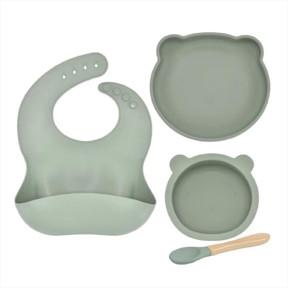 Set Vajilla Bebe En Silicona Kit Alimentación Plato Babero Verde