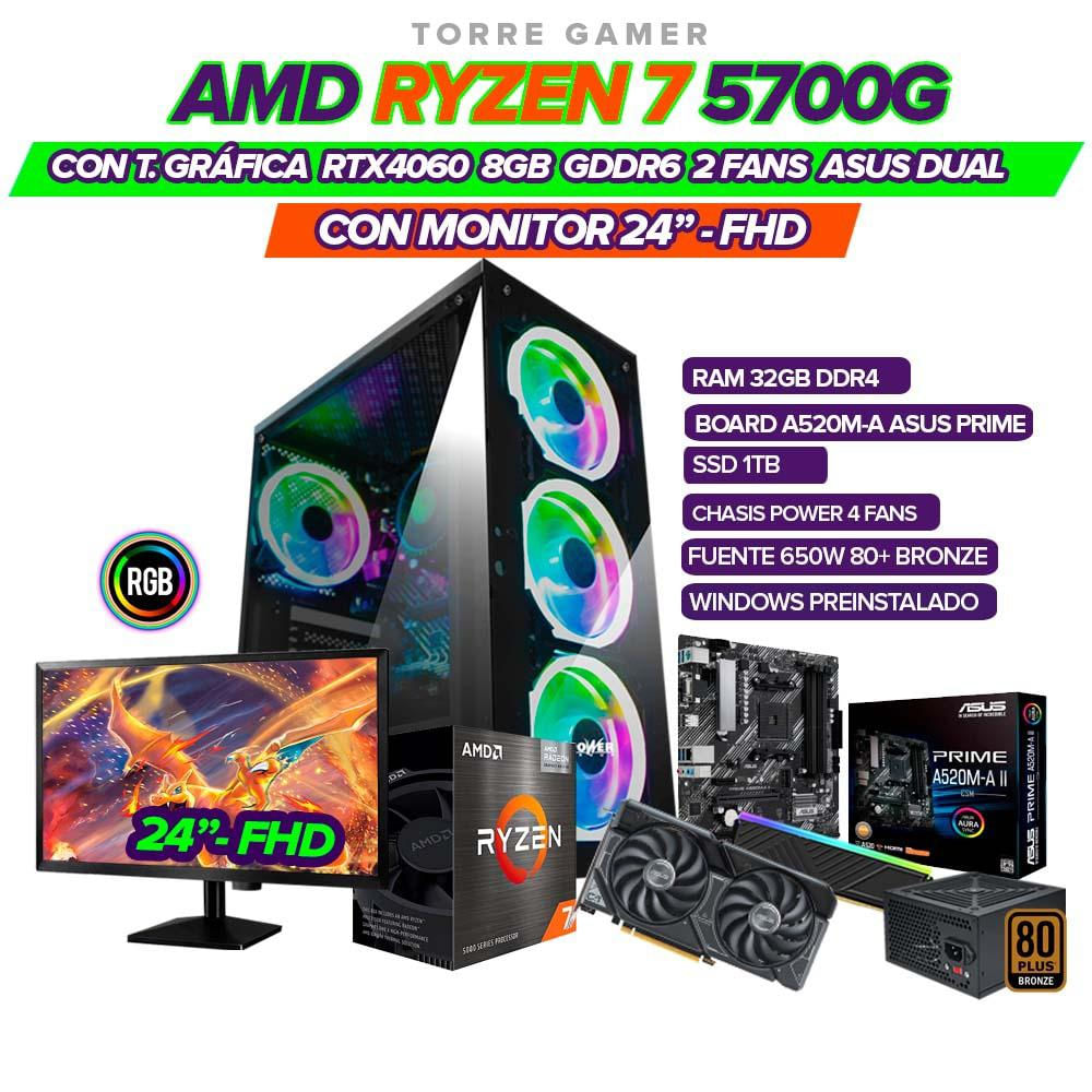 Pc Gamer Amd Ryzen 7 5700G Rtx 4060 8Gb Ram 32Gb Ddr4 Ssd 1Tb 24'' Fhd