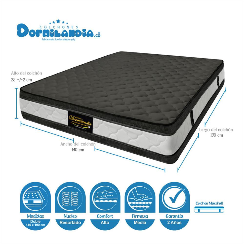 Super Mega Combo Colchón Doble 140X190 Resortado Marshall Gris + Base Cama Dividida + Cabecero + Sábana + Almohadas img #3