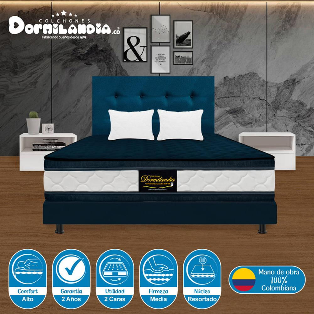 Super Mega Combo Colchón Doble 140X190 Resortado Marshall Azul + Base Cama Dividida + Cabecero + Sábana + Almohadas img #2