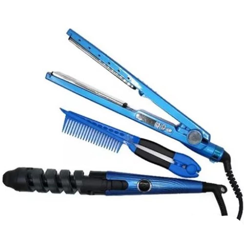 Combo Alisador Ondulador Cabello Plancha Rizador Azul Celeste