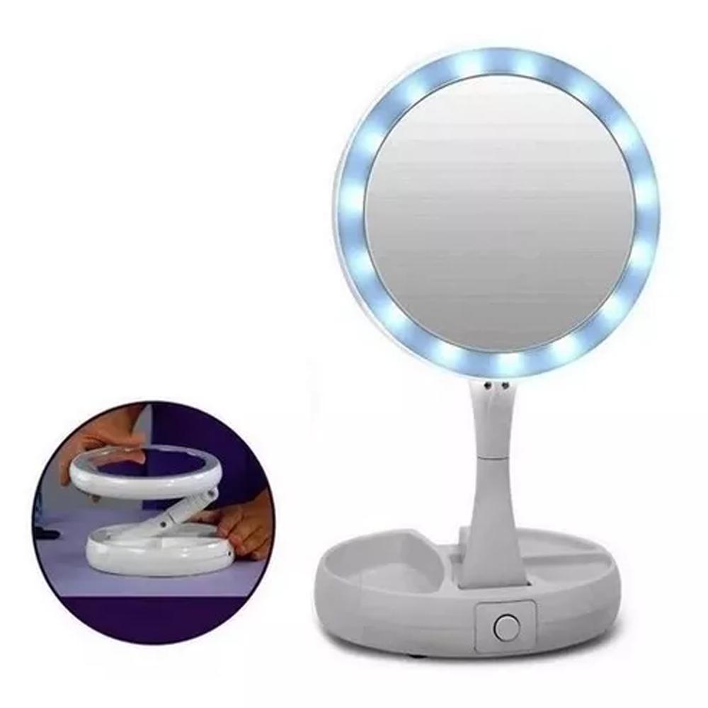 Espejo Maquillaje Led Tocador Luz Doble Cara Aumento Plegable Blanco