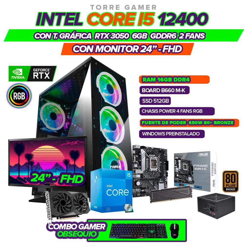 Pc Gamer Intel Core I5 12400 Rtx 3050 6Gb Ram 16Gb Ddr4 Ssd 512Gb Monitor Fhd 24 Pulgadas + Combo Gamer