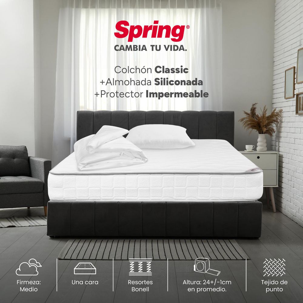 Colchón SPRING Sencillo (100 x 190 cm) CLASSIC Resortado Semifirme Protector + Almohada