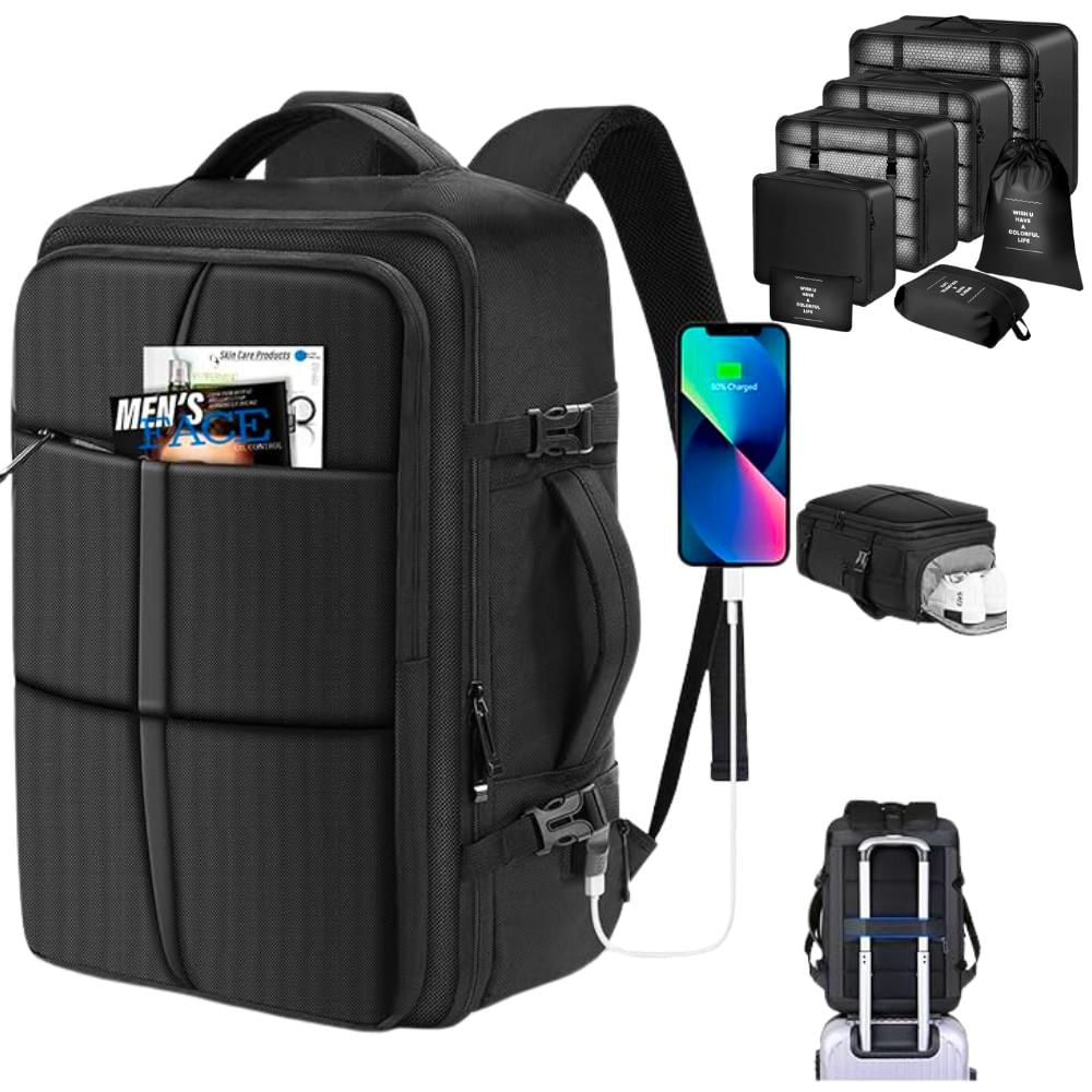Maleta De Mano Para Cabina Viaje Y Ordenador Usb Impermeable + Organizador De Maleta 7 Piezas (Negra)