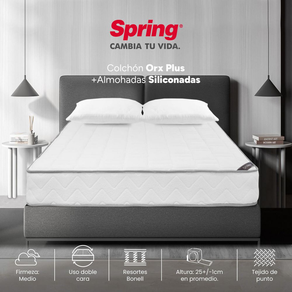 Colchón + Almohadas SPRING Doble (140 x 190 cm) ORTX Resortado Semisuave .