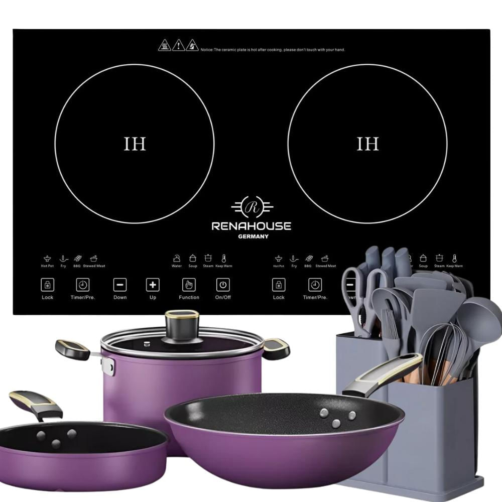 Combo: Estufa De Inducción De 2 Puestos 2000W + Bateria De Cocina + Utensilios 19 Piezas