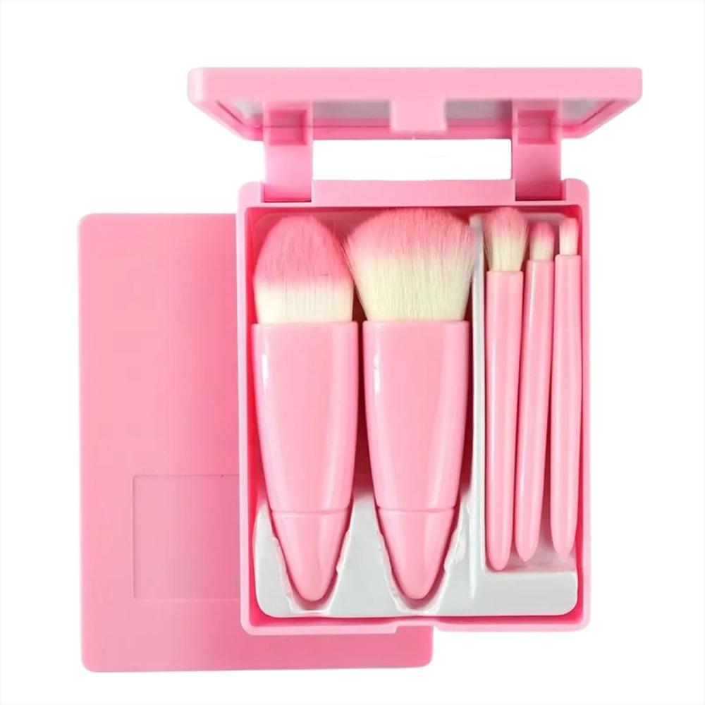 Set Maquillaje Espejo Con 5 Brochas Para Polvos Belleza Rosado