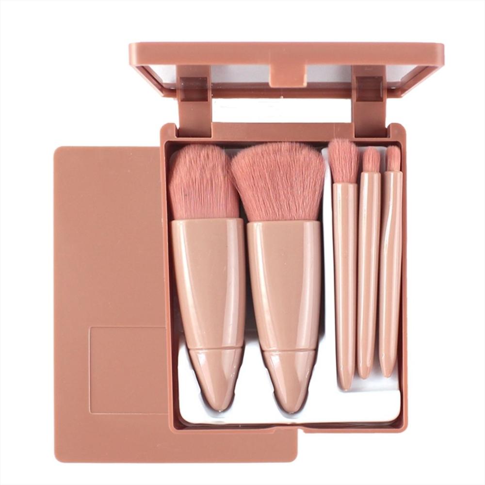 Set Maquillaje Espejo Con 5 Brochas Para Polvos Belleza Marrón