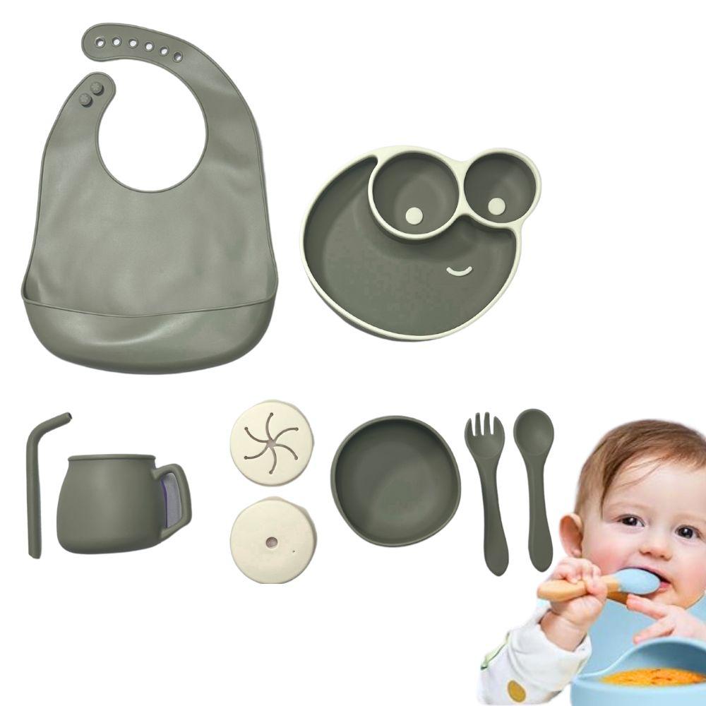 Kit De Alimentación Complementaria Bebes Vajilla Silicona 9Pcs Verde Miltitar