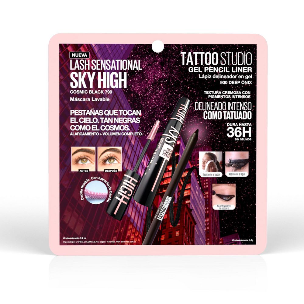 Pestañina MAYBELLINE + delineador sky high sensational (1 und)