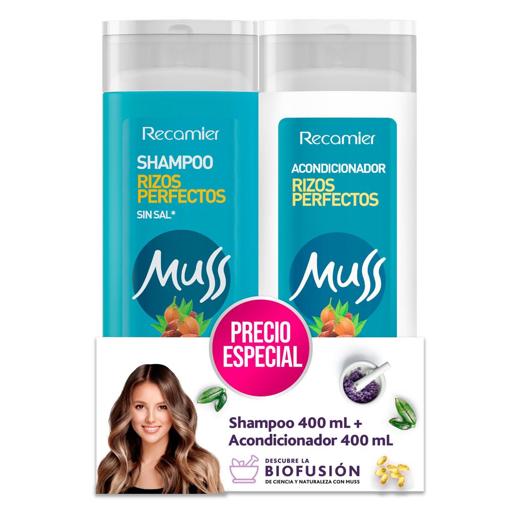 Shampoo MUSS sin sal + acondicionador para rizos (1 UNIDAD)