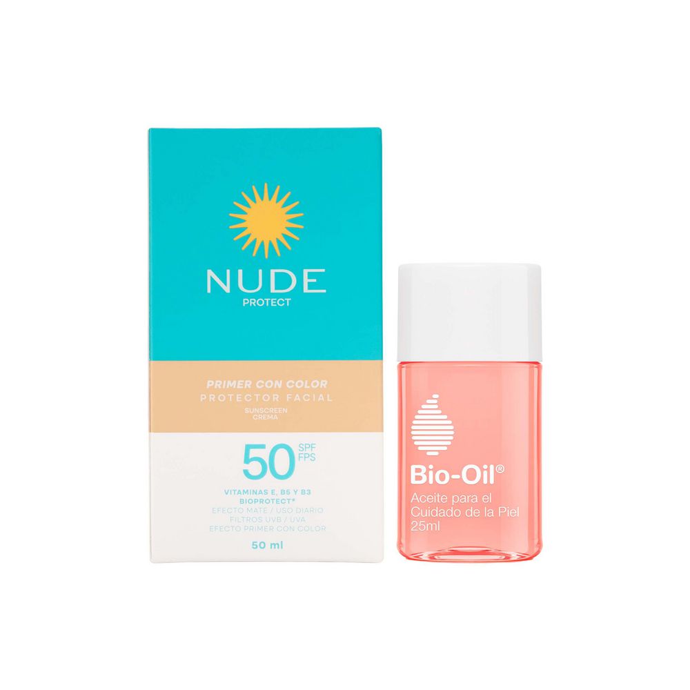 Protector solar NUDE Con color + aceite corporal BioOil (75  ml)