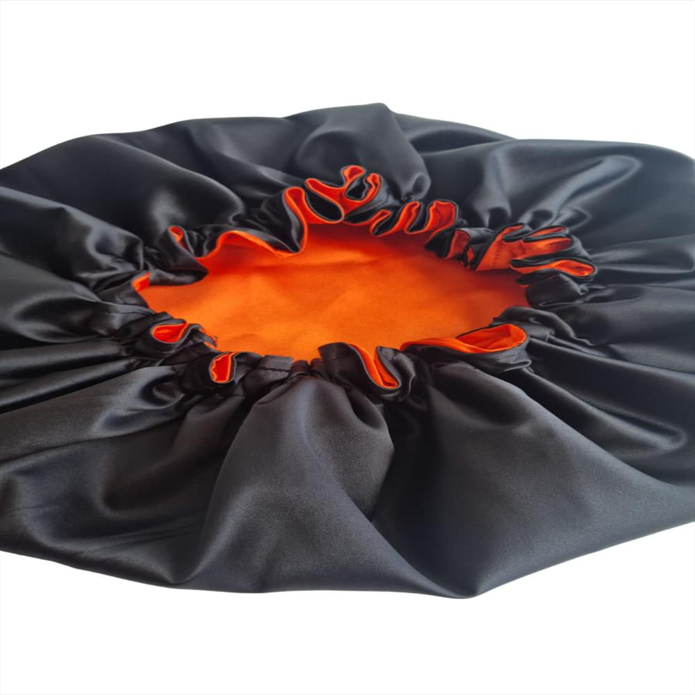 Gorro De Satín Antifrizz Cabello Rizado O Afro Negro / Naranja