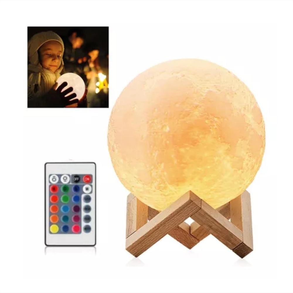 Lámpara Luna 12 Cm 3D Luz Led Colores + Base Madera